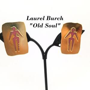 Vintage Laurel Burch "Old Soul" Clip Earrings, Red Enamel, Gold Plated
